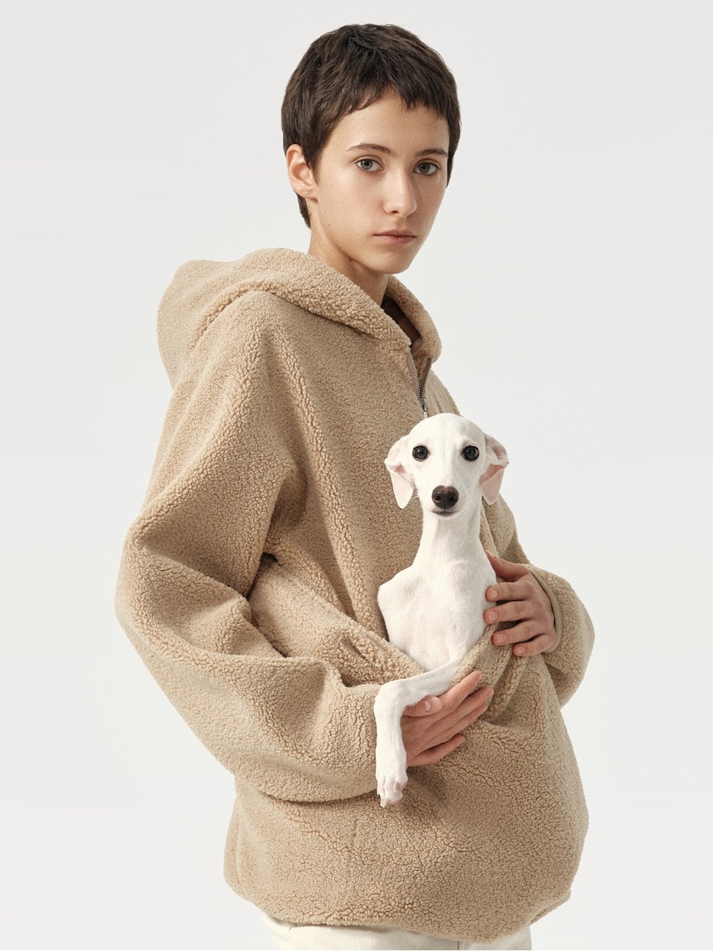 NEW Riikyu Beige Kangaroo Pouch Unisex fleece hoodie Sz M DOG LOVE cozy handfree